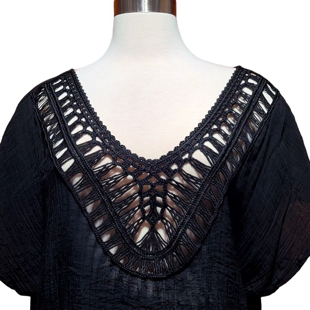 Kona Sol Womens Black Crochet Swimsuit Cover-Up Short Sleeve V-Neck Shirt S
